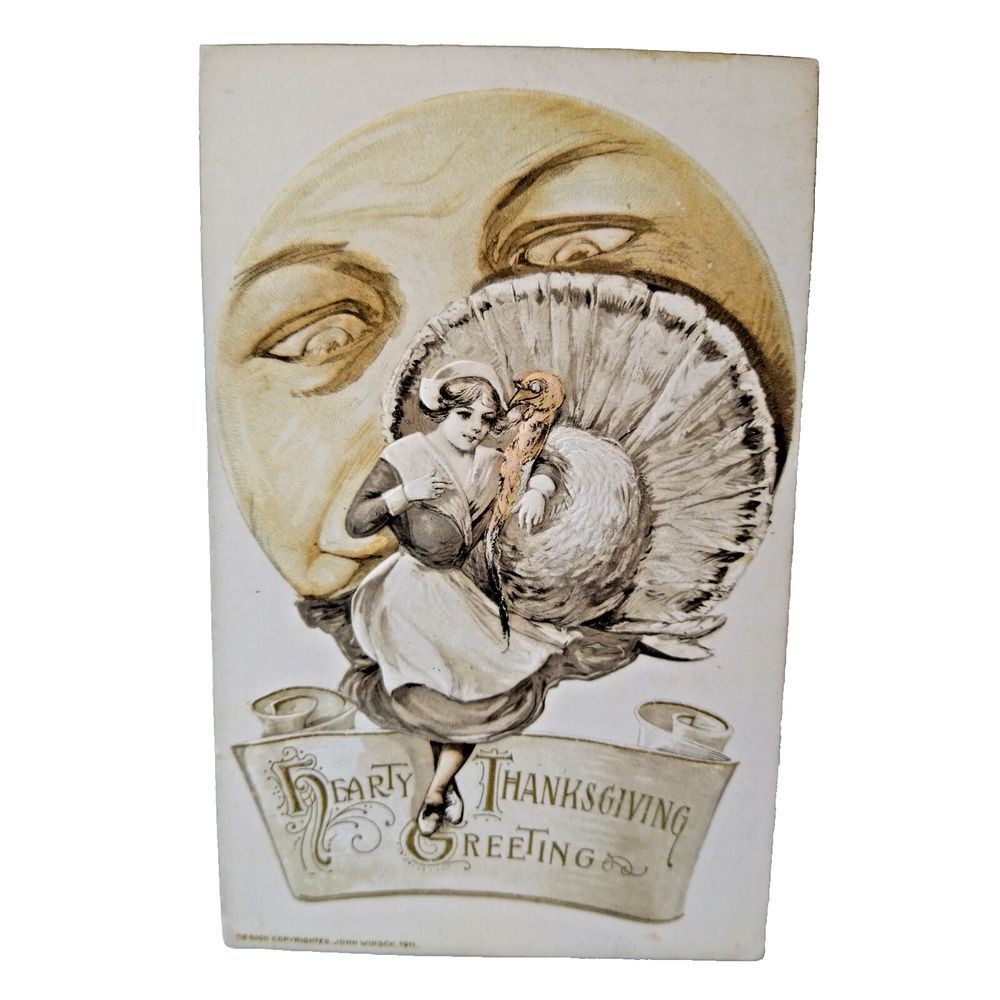 John Winsch Schmucker Thanksgiving Postcard Giant Sun Moon With Face Turkey 1911